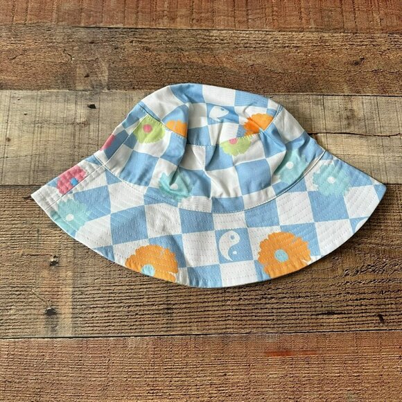 ASOS Bucket Hat Blue & White Checkered With Floral & Yin-Yang Print Size M/L - Picture 1 of 7